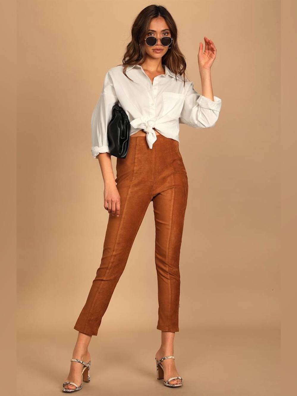 Lulus Camel Tan Faux Suede Skinny Leg High Rise Pants - Like New! Size XL